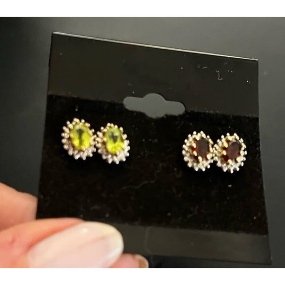 Two Pairs Sterling Silver silver Post earrings Garnet & Peridot